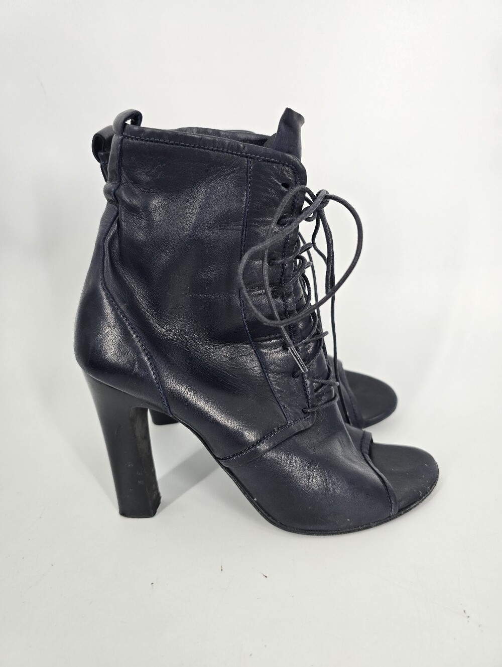 Jil Sander Navy Blue Leather Lace Up Peep Toe Booties Size 37